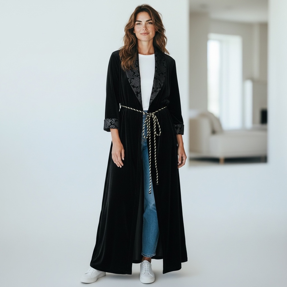 Miss Dior Vintage US Made Lightweight Velvet Black/Gold‎ Robe Sz  M